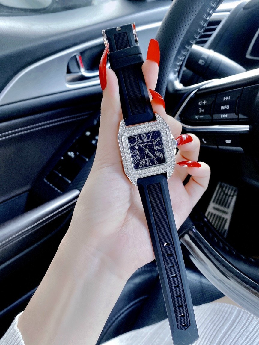 Đồng hồ Cartier nữ dây cao su màu đen Đồng hồ Cartier nữ dây cao su màu đen