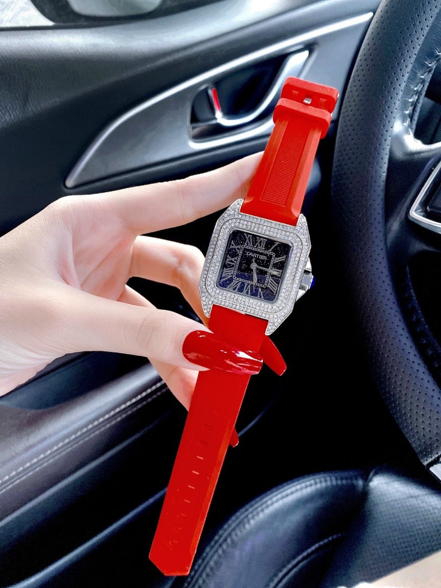 Đồng hồ Cartier nữ dây cao su màu đỏ Đồng hồ Cartier nữ dây cao su màu đỏ