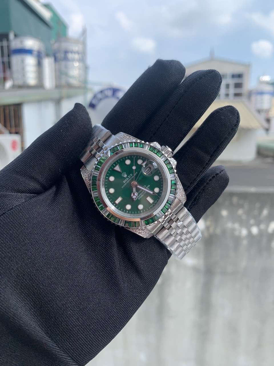 Đồng hồ Rolex nam đính đá màu xanh lá cây Đồng hồ Rolex nam đính đá màu xanh lá cây