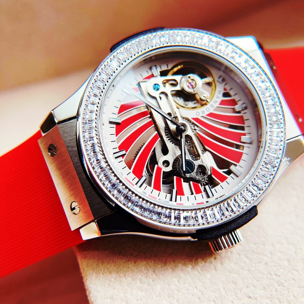 Đồng hồ Hanboro chính hãng nữ máy cơ Automatic dây cao su màu đỏ