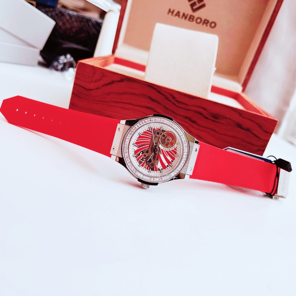 Đồng hồ Hanboro nữ dây cao su màu đỏ