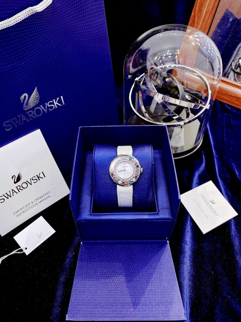 Đồng hồ Swarovski đính đá dây da nữ mặt đá xoay Like Auth 34mm