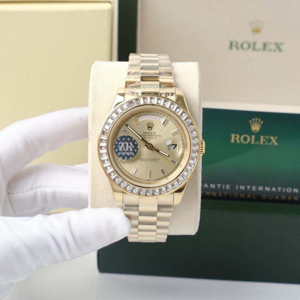 Đồng hồ Rolex nam đính đá Baguette Fake 11 máy cơ Nhật Day-Date 40mm
