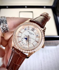 Đồng hồ Patek Philippe 5205R Fake 11 máy Nhật đính đá màu nâu 40mm