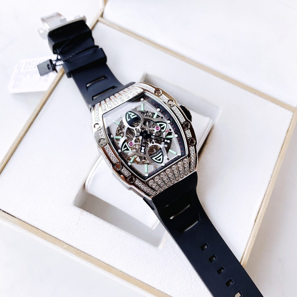 Đồng hồ cơ nam Hanboro Automatic chính hãng đính đá dây cao su