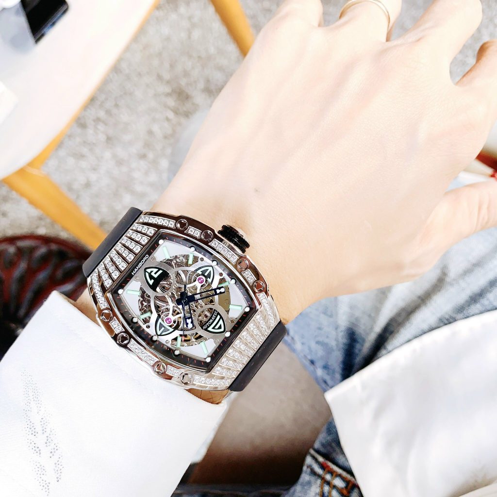 Đồng hồ cơ nam Hanboro Automatic chính hãng đính đá dây cao su