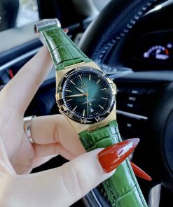 Đồng hồ cơ nam Omega Automatic dây da màu xanh lá cây