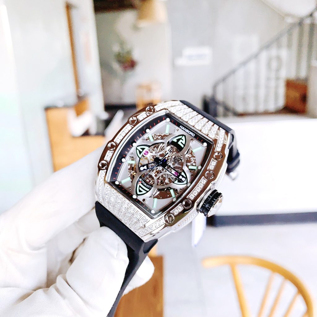 Đồng hồ cơ nam Hanboro Automatic chính hãng đính đá dây cao su