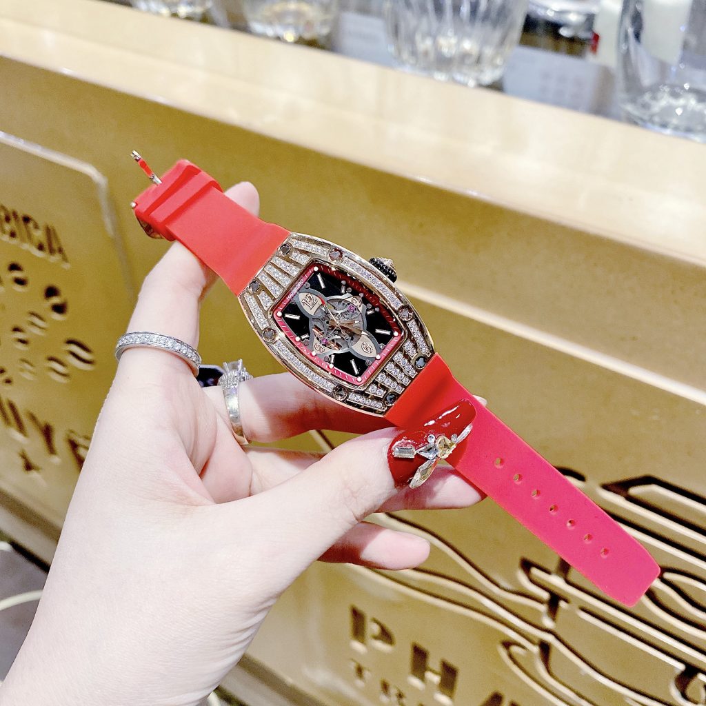 Đồng hồ Hanboro nữ dây cao su màu đỏ và vàng hồng chính hãng