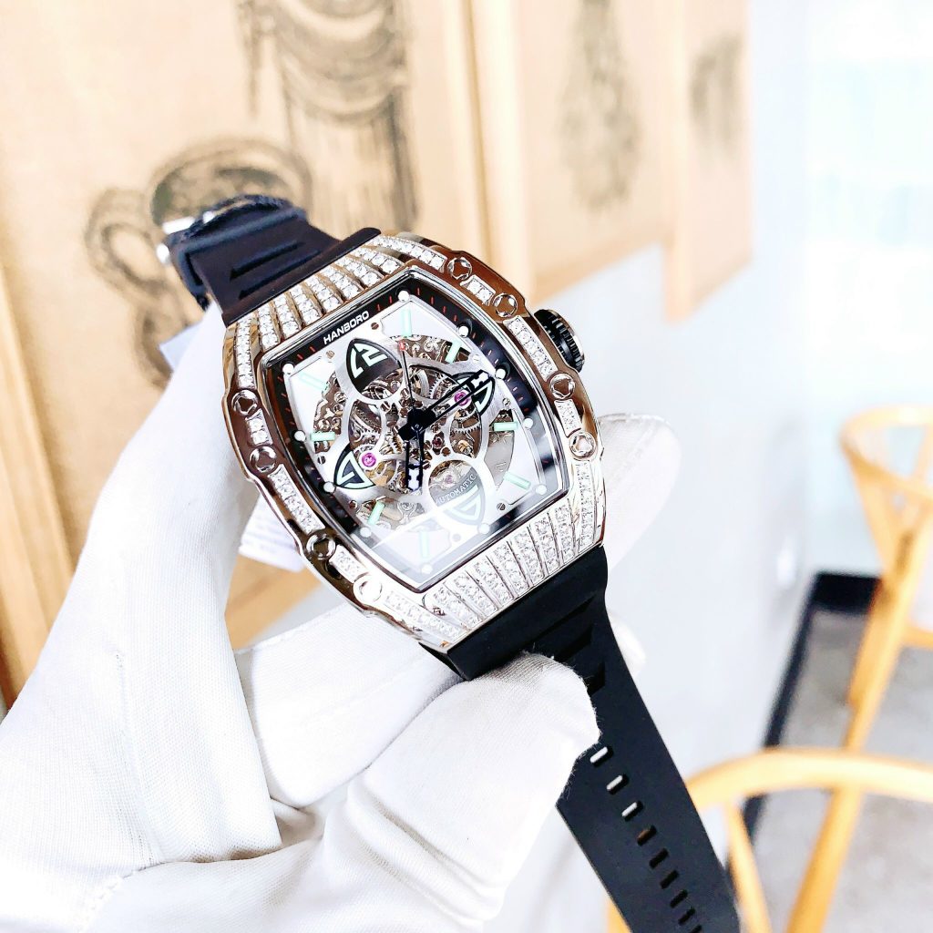 Đồng hồ cơ nam Hanboro Automatic chính hãng đính đá dây cao su