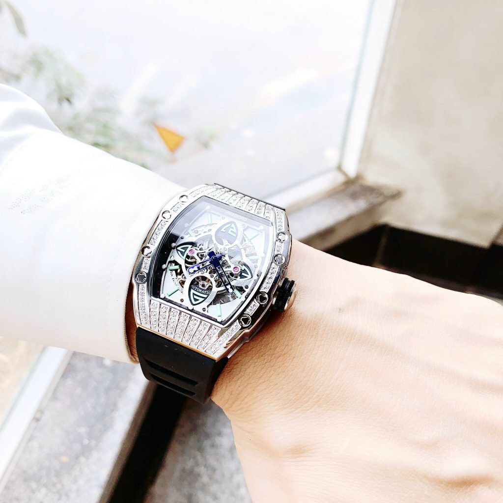 Đồng hồ cơ nam Hanboro Automatic chính hãng đính đá dây cao su