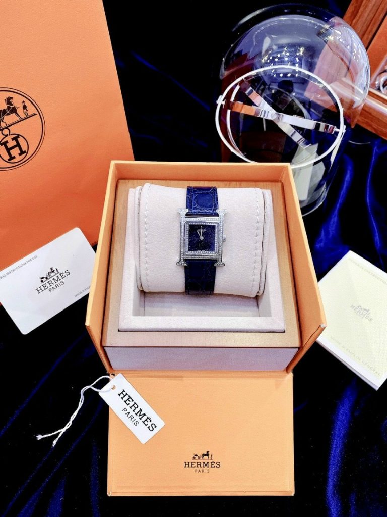 Đồng hồ Hermes nữ Like Auth mặt chữ nhật đính đá dây da 4 màu 26mm