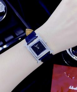 Đồng hồ Hermes nữ Like Auth mặt chữ nhật đính đá dây da 4 màu 26mm