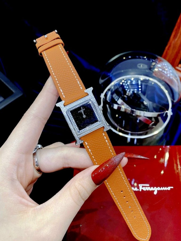 Đồng hồ Hermes nữ Like Auth mặt chữ nhật đính đá dây da 4 màu 26mm