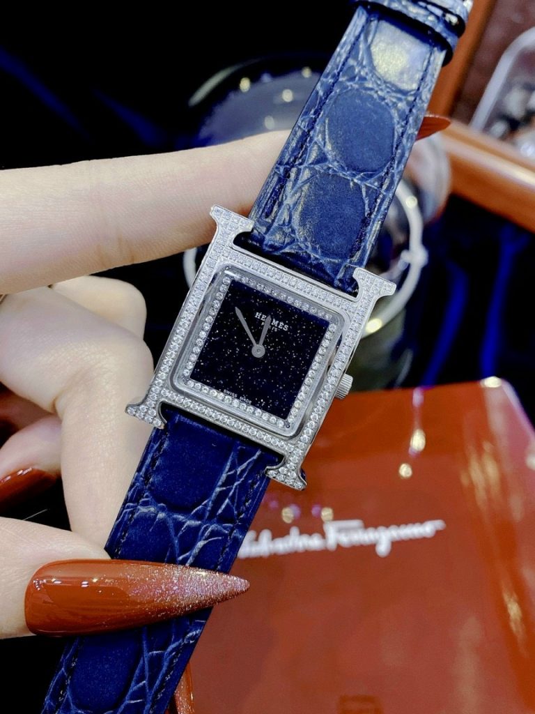 Đồng hồ Hermes nữ Like Auth mặt chữ nhật đính đá dây da 4 màu 26mm