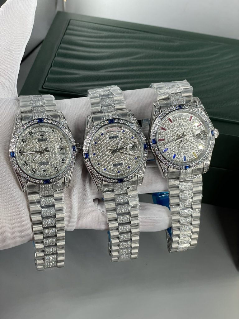 Đồng hồ Rolex Day-Date đính full đá mặt và dây Fake 11 máy Nhật