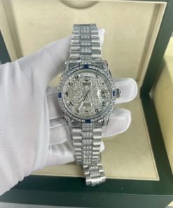 Đồng hồ Rolex Day-Date đính full đá mặt và dây Fake 11 máy Nhật
