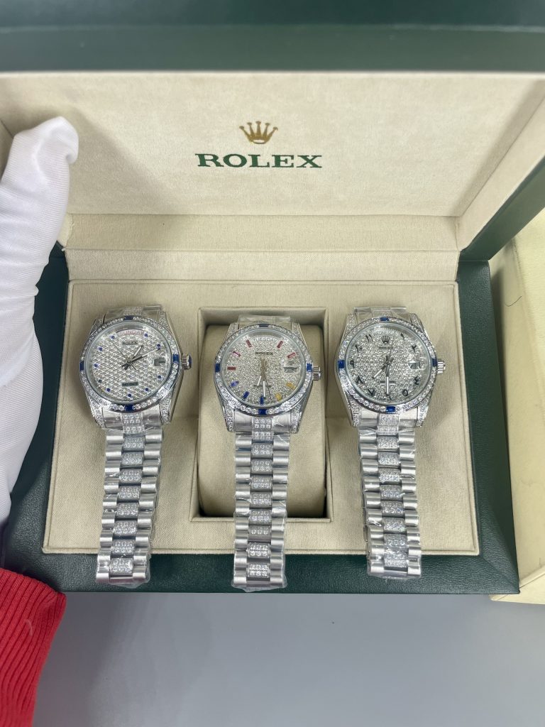 Đồng hồ Rolex Day-Date đính full đá mặt và dây Fake 11 máy Nhật