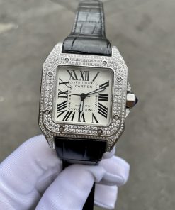 Đồng hồ nam đính đá Cartier Automatic Sliver dây da màu đen 40mm