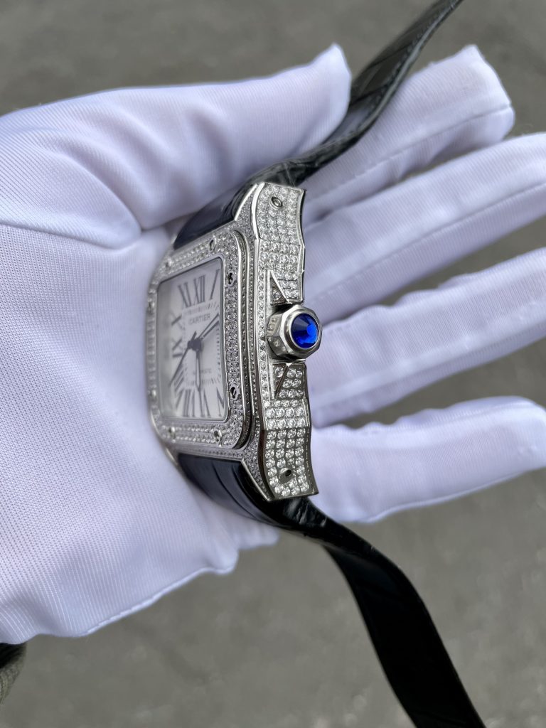 Đồng hồ nam đính đá Cartier Automatic Sliver dây da màu đen 40mm