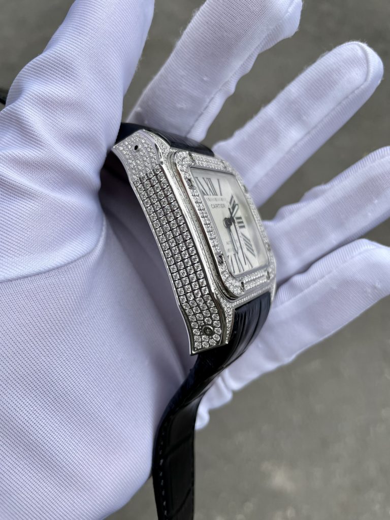 Đồng hồ nam đính đá Cartier Automatic Sliver dây da màu đen 40mm