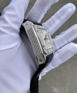 Đồng hồ nam đính đá Cartier Automatic Sliver dây da màu đen 40mm