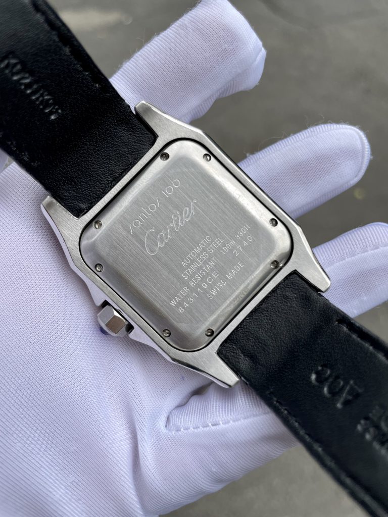 Đồng hồ nam đính đá Cartier Automatic Sliver dây da màu đen 40mm