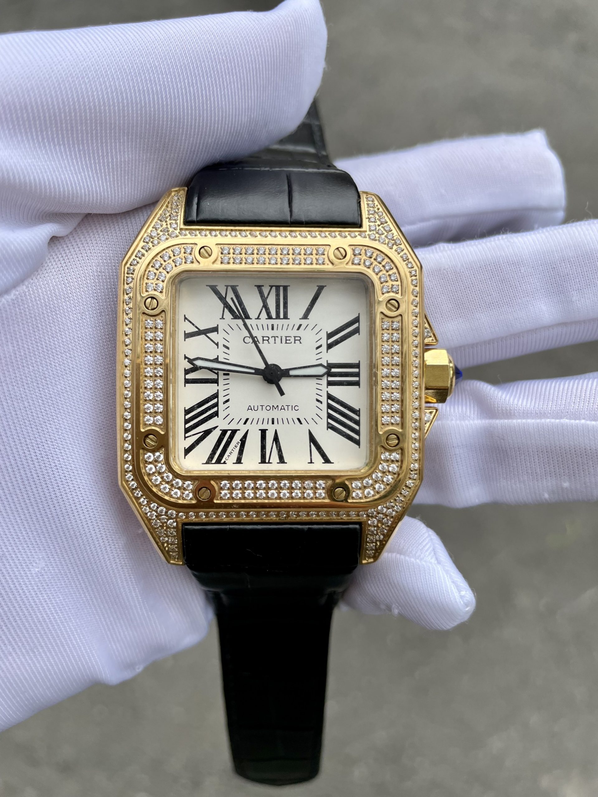Đồng hồ nam mặt vuông Cartier Automatic Gold 18K đính đá 40mm Đồng hồ nam mặt vuông Cartier Automatic Gold 18K đính đá 40mm