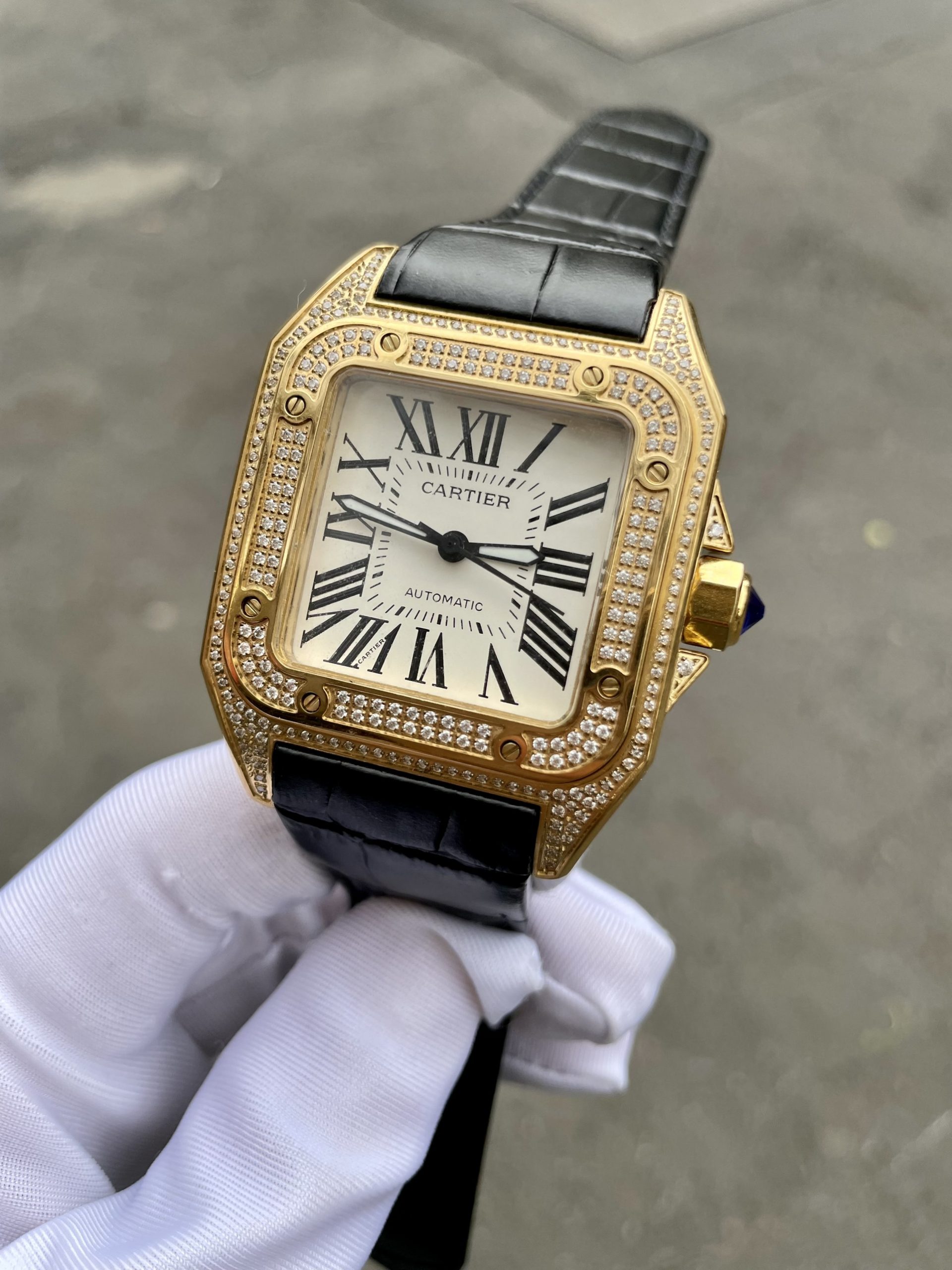 Đồng hồ nam mặt vuông Cartier Automatic Gold 18K đính đá 40mm Đồng hồ nam mặt vuông Cartier Automatic Gold 18K đính đá 40mm