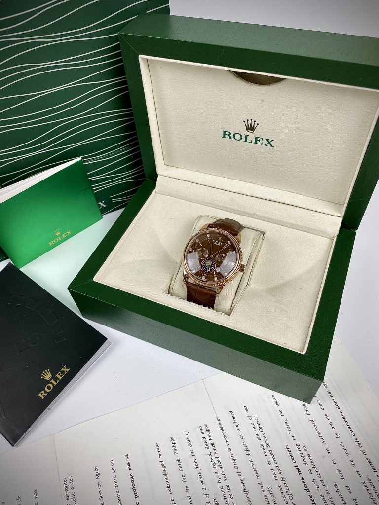Đồng hồ Rolex Sun & Moon nam dây da màu nâu cọc số đính đá