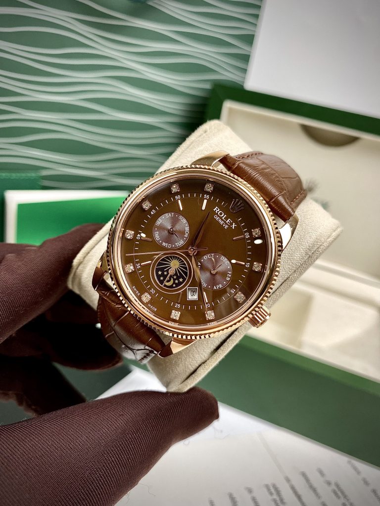 Đồng hồ Rolex Sun & Moon nam dây da màu nâu cọc số đính đá