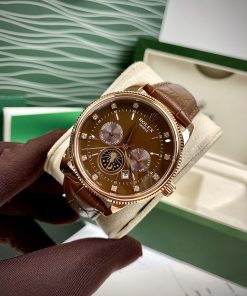 Đồng hồ Rolex Sun & Moon nam dây da màu nâu cọc số đính đá