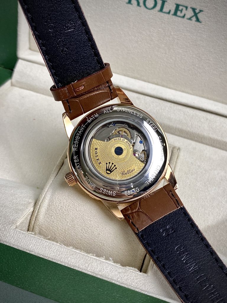 Đồng hồ Rolex Sun & Moon nam dây da màu nâu cọc số đính đá