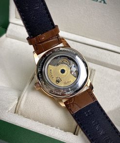 Đồng hồ Rolex Sun & Moon nam dây da màu nâu cọc số đính đá