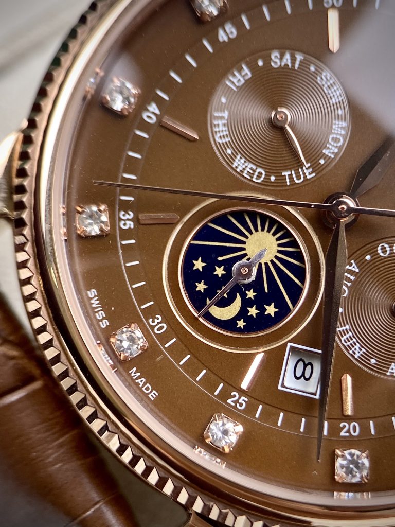 Đồng hồ Rolex Sun & Moon nam dây da màu nâu cọc số đính đá