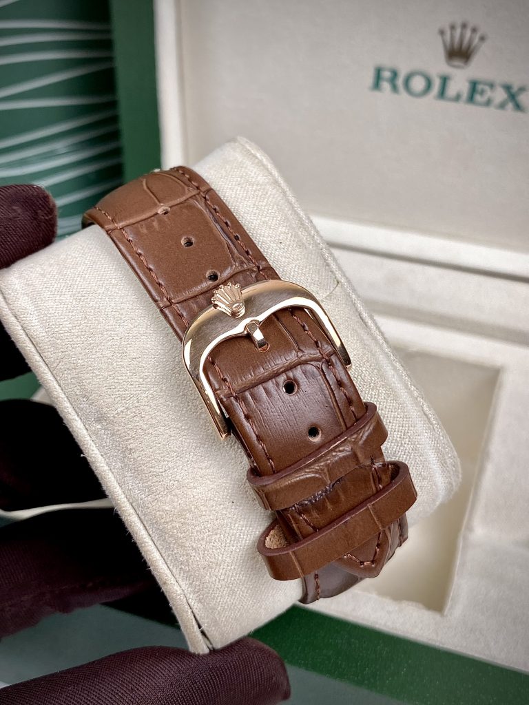 Đồng hồ Rolex Sun & Moon nam dây da màu nâu cọc số đính đá