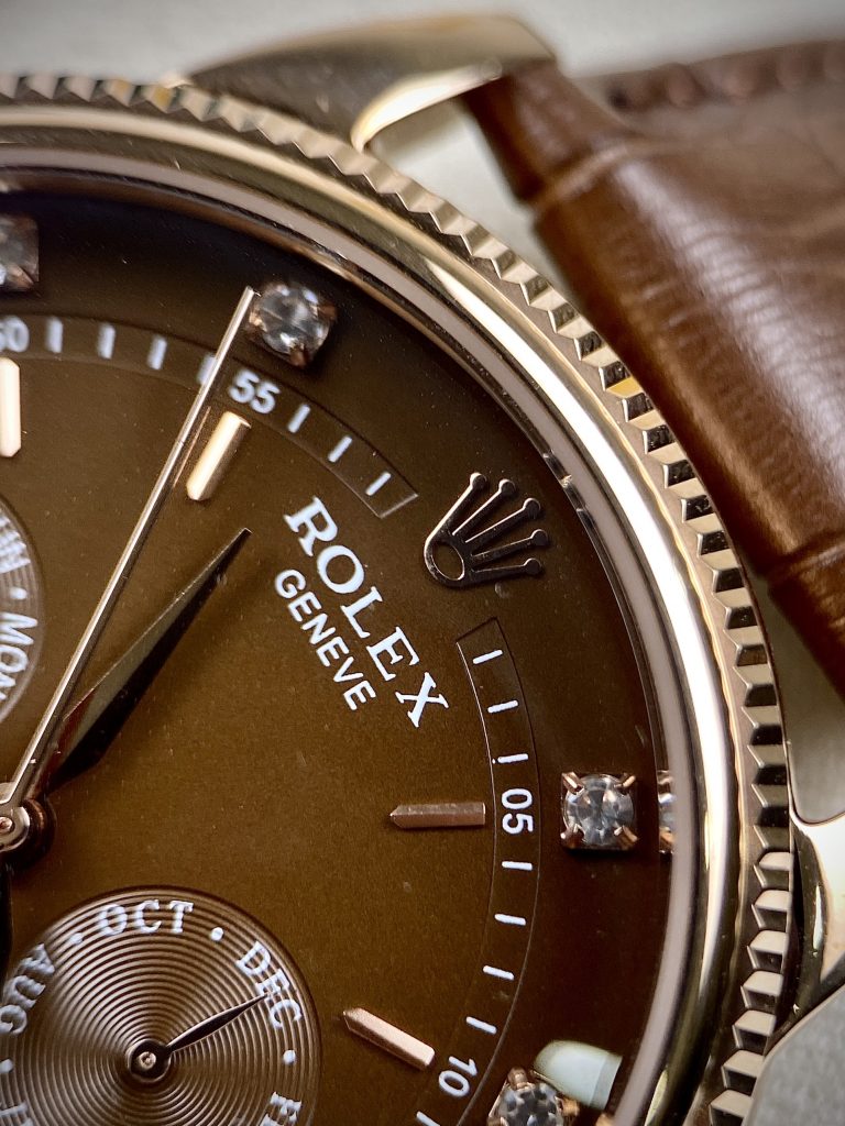 Đồng hồ Rolex Sun & Moon nam dây da màu nâu cọc số đính đá