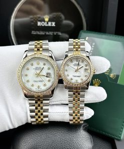 Đồng hồ cặp Rolex Datejust demi gold đính đá super fake 11 máy cơ 31/41mm