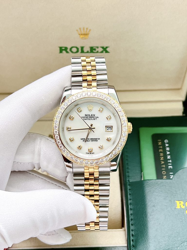 Đồng hồ cặp Rolex Datejust demi gold đính đá super fake 11 máy cơ 31/41mm