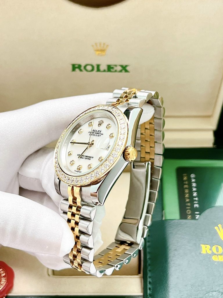 Đồng hồ cặp Rolex Datejust demi gold đính đá super fake 11 máy cơ 31/41mm