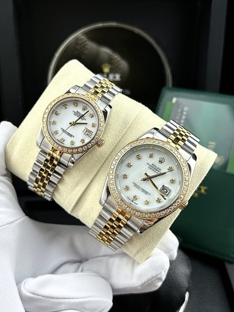 Đồng hồ cặp Rolex Datejust demi gold đính đá super fake 11 Đồng hồ cặp Rolex Datejust demi gold đính đá super fake 11 máy cơ 31/41mmmáy cơ 31/41mm