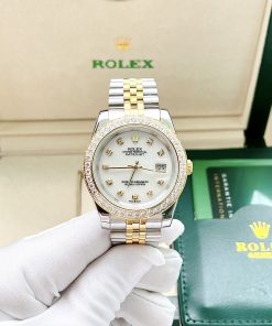 Đồng hồ cặp Rolex Datejust demi gold đính đá super fake 11 máy cơ 31/41mm