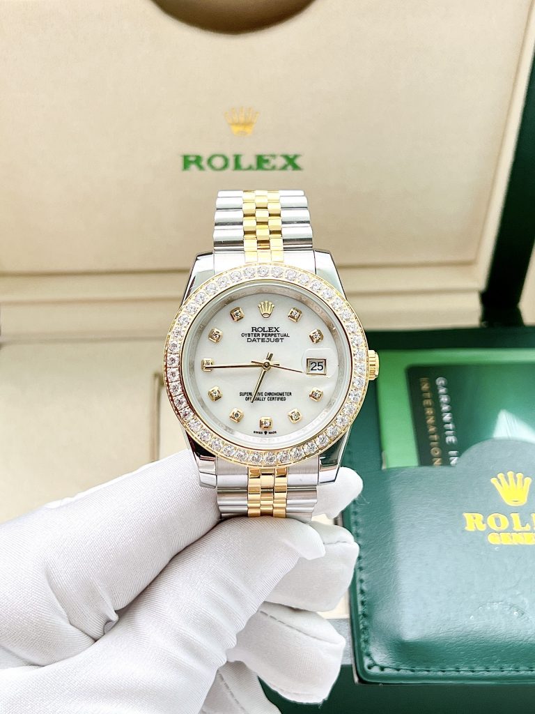 Đồng hồ cặp Rolex Datejust demi gold đính đá super fake 11 máy cơ 31/41mm