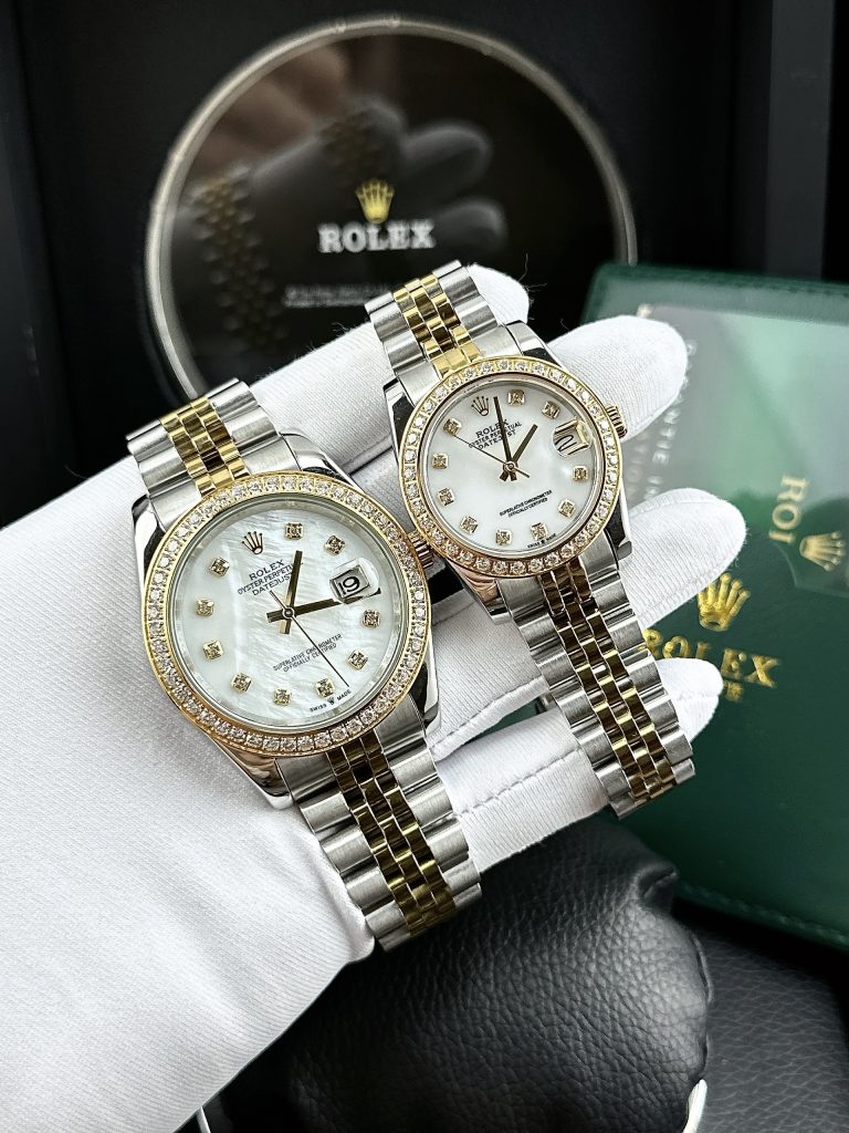 Đồng hồ cặp Rolex Datejust demi gold đính đá super fake 11 máy cơ 31/41mm