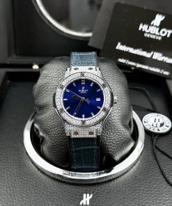 Đồng hồ Hublot giá rẻ nữ đính full đá màu xanh dương máy Nhật