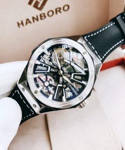 Đồng hồ cơ chính hãng Hanboro Automatic nam dây da mặt tròn 44mm
