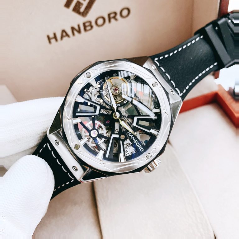 Đồng hồ cơ chính hãng Hanboro Automatic nam dây da mặt tròn 44mm