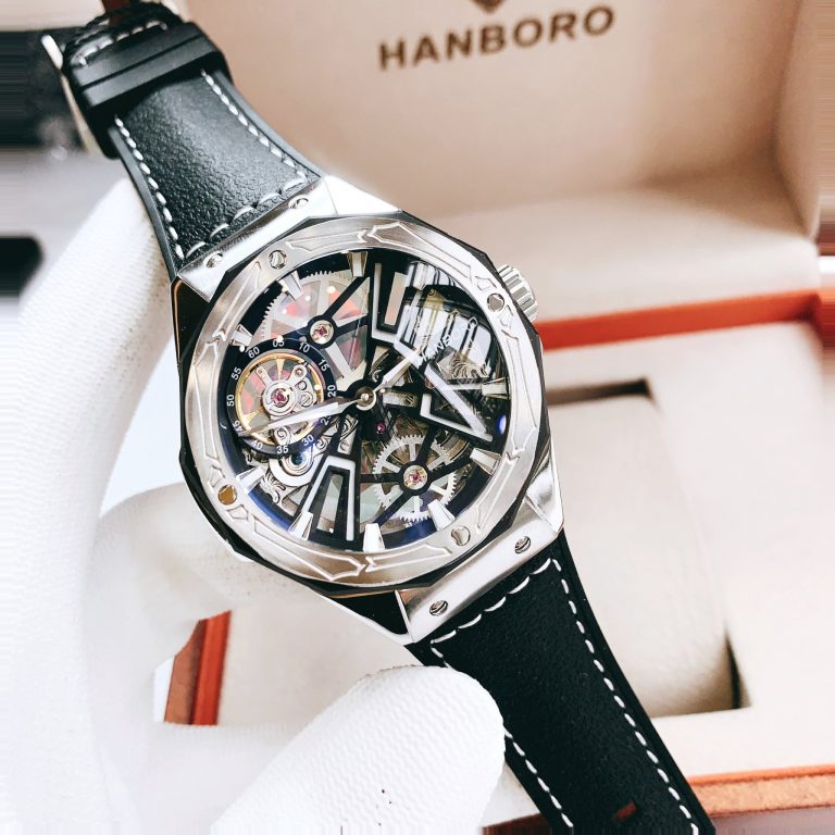 Đồng hồ cơ chính hãng Hanboro Automatic nam dây da mặt tròn 44mm