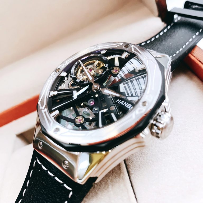 Đồng hồ cơ chính hãng Hanboro Automatic nam dây da mặt tròn 44mm