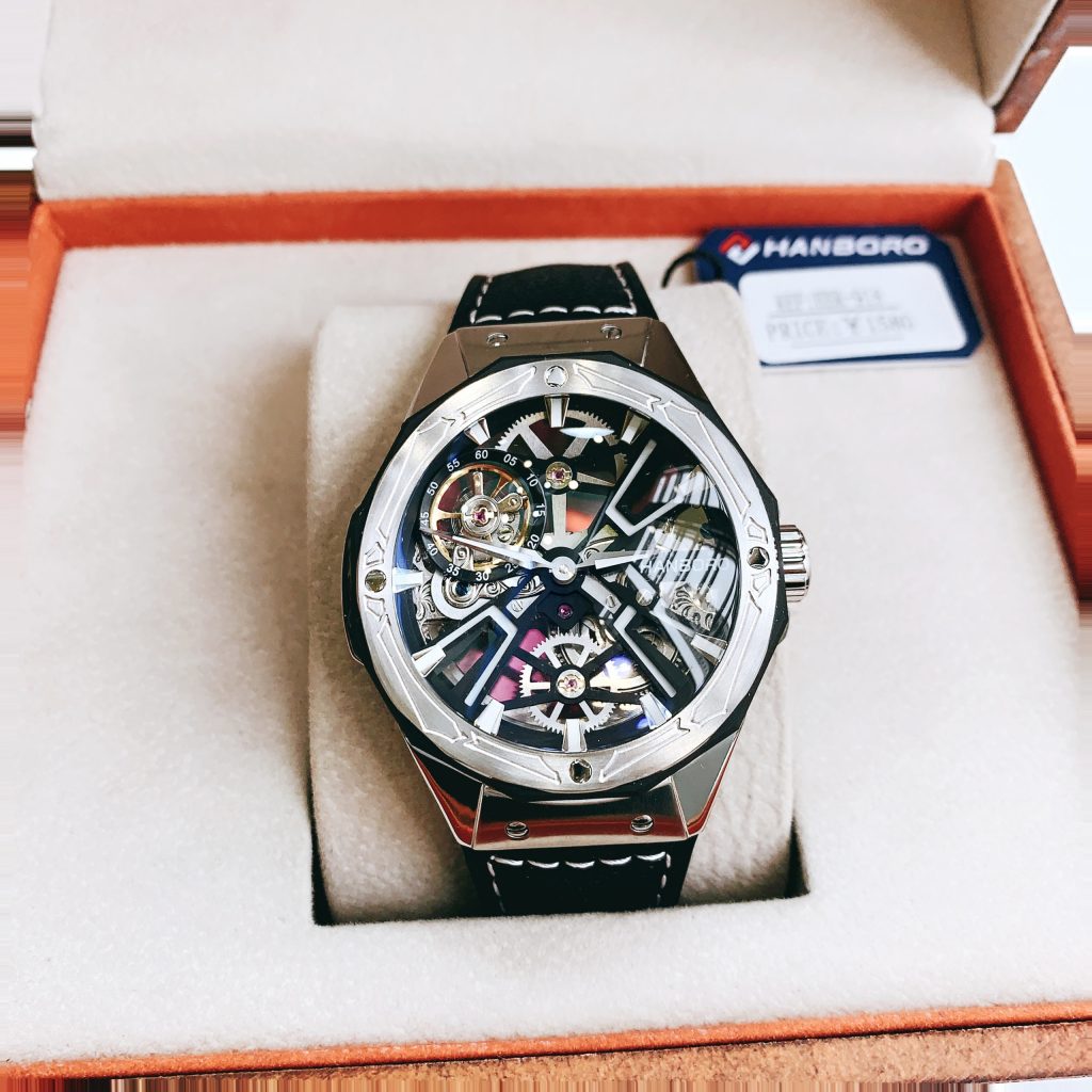 Đồng hồ cơ chính hãng Hanboro Automatic nam dây da mặt tròn 44mm